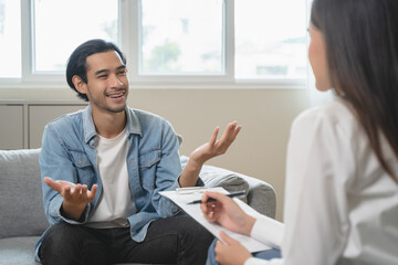 mental health care therapy concept, psychologist counseling to anxiety patient and giving guidance...