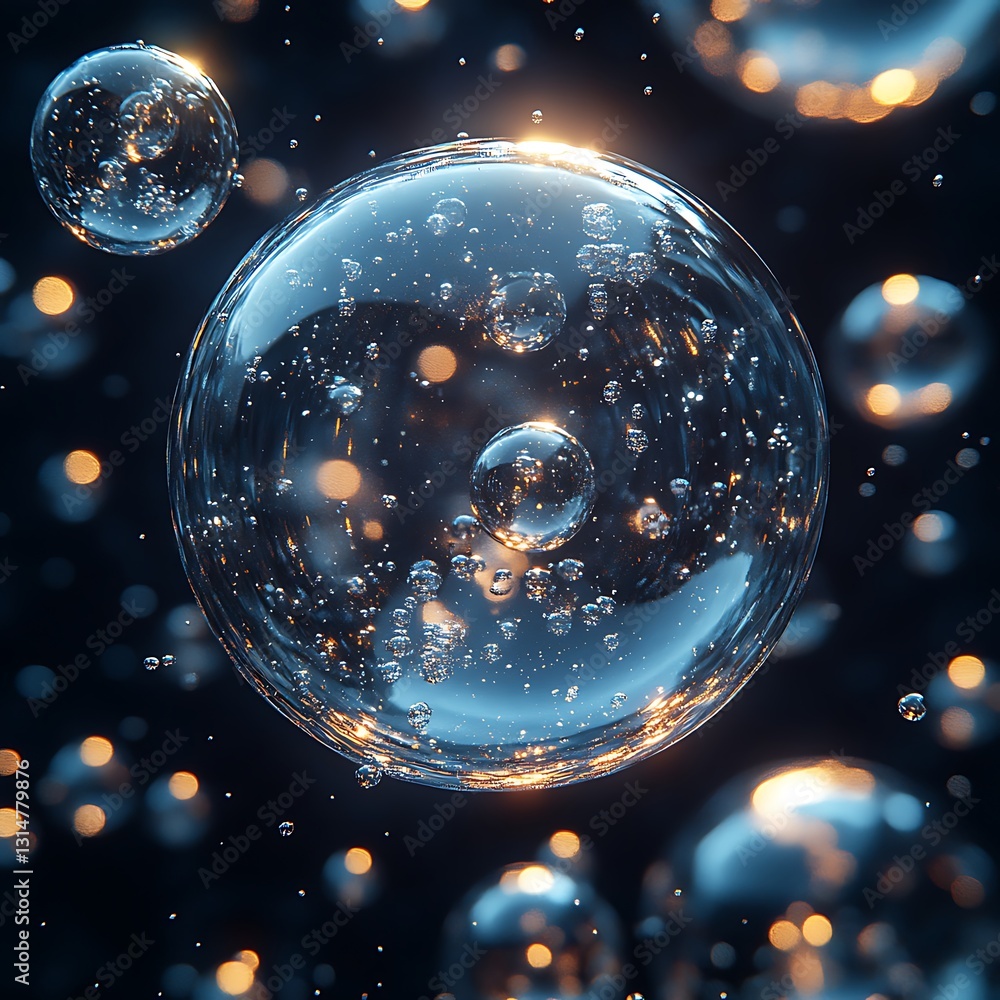 Poster abstract image of floating clear bubbles with soft orange light reflections against dark background