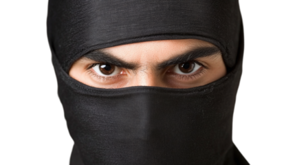 Portrait of a thief man isolated on white background, showcasing a bandit's face covered with a black balaclava, symbolizing theft, crime, or security concerns.