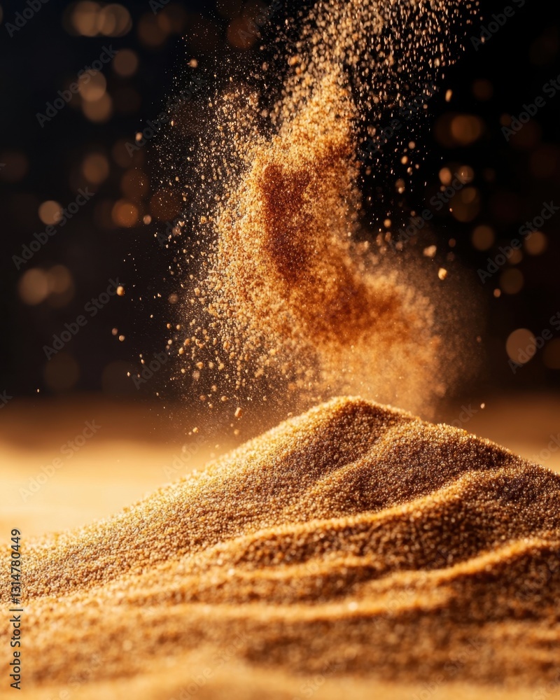 Poster golden sand cascade in dynamic motion against a dark bokeh background evoking time transience and de