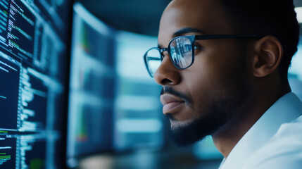 Focused professional analyzing data on multiple screens in modern office