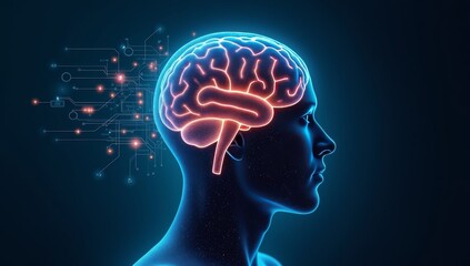 Big data and artificial intelligence concept. Human brain glowing from processor, symbolizing the fusion of human intelligence and machine learning capabilities. Evolution of technology of data