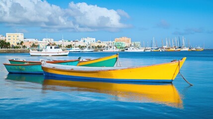 Naklejka premium Colorful fishing boats moored in harbor, Caribbean town in background
