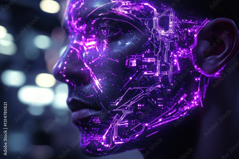Poster a person's face is illuminated with purple circuit patterns, symbolizing technological integration w