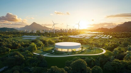 Modern Sustainable Architecture in Nature at Sunset with Wind Turbines