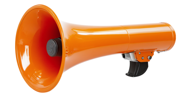 Red-orange bullhorn megaphone isolated on white background, representing an announcement tool, perfect for advertisements, marketing, or speech proclamations.