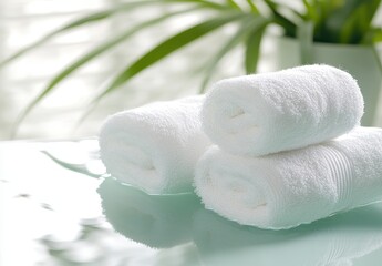 Freshly Rolled White Towels on a Reflective Surface with Green Plant Background Creating a Tranquil and Relaxing Atmosphere for Spa or Bathroom Setting