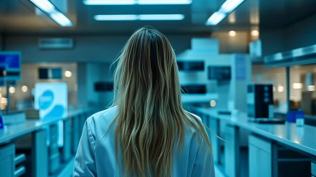 Woman walking in high tech lab biochemistry chemist researcher pharmaceutical Feminist