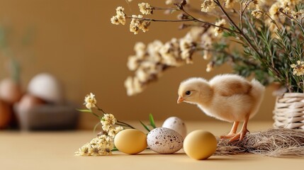 Easter yellow chicken with Easter colored eggs on yellow background with flowers 