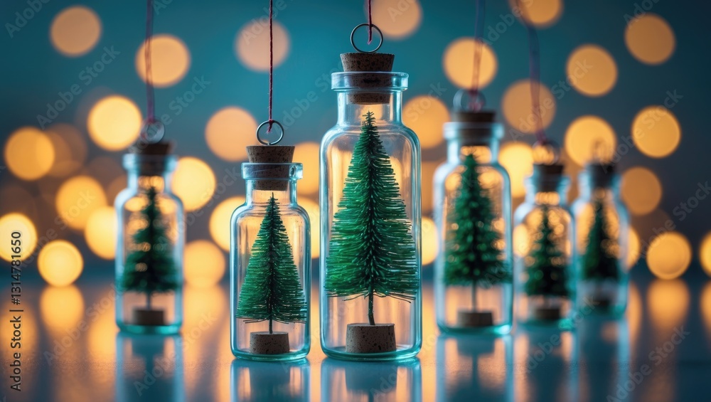 Poster close-up of an elegant christmas tree inside a glass jar with a background of lights, featuring copy
