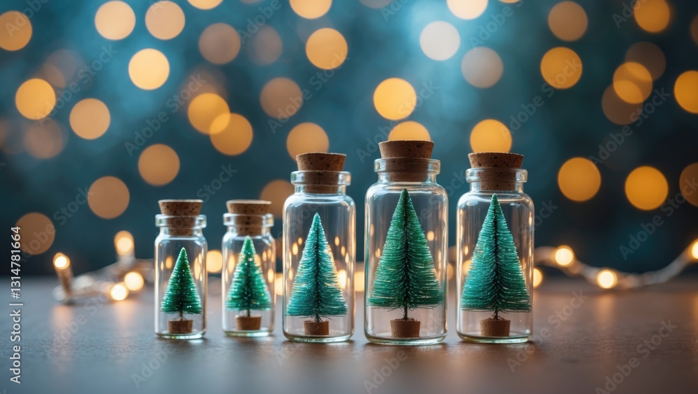 Poster close-up of an elegant christmas tree inside a glass jar with a backdrop of lights, featuring empty 
