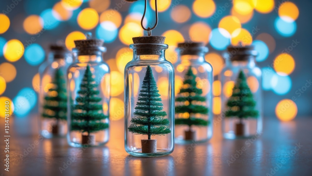 Poster close-up of an elegant christmas tree inside a glass jar with a background of lights and space for t