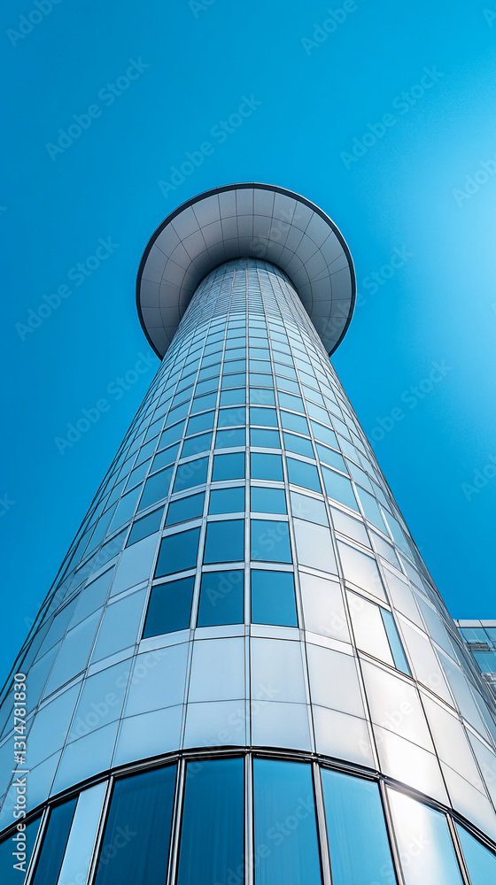 Poster low-angle view of a modern skyscraper against a clear blue sky, showcasing its unique curved design 