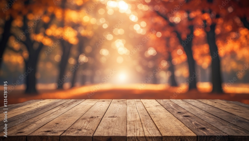 Poster empty brown wooden table before an abstract bokeh background of autumn trees highlighted by sunlight