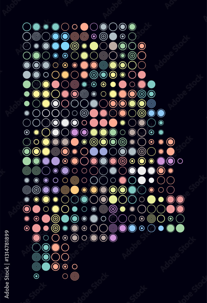 Poster alabama, shape of the state build of colored cells. digital style map of the alabama on dark backgro
