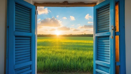 new beginnings idea - open blue door to grass and sky with sunshine