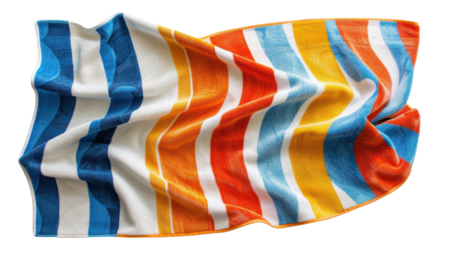 Colorful striped beach towel waving on transparent background