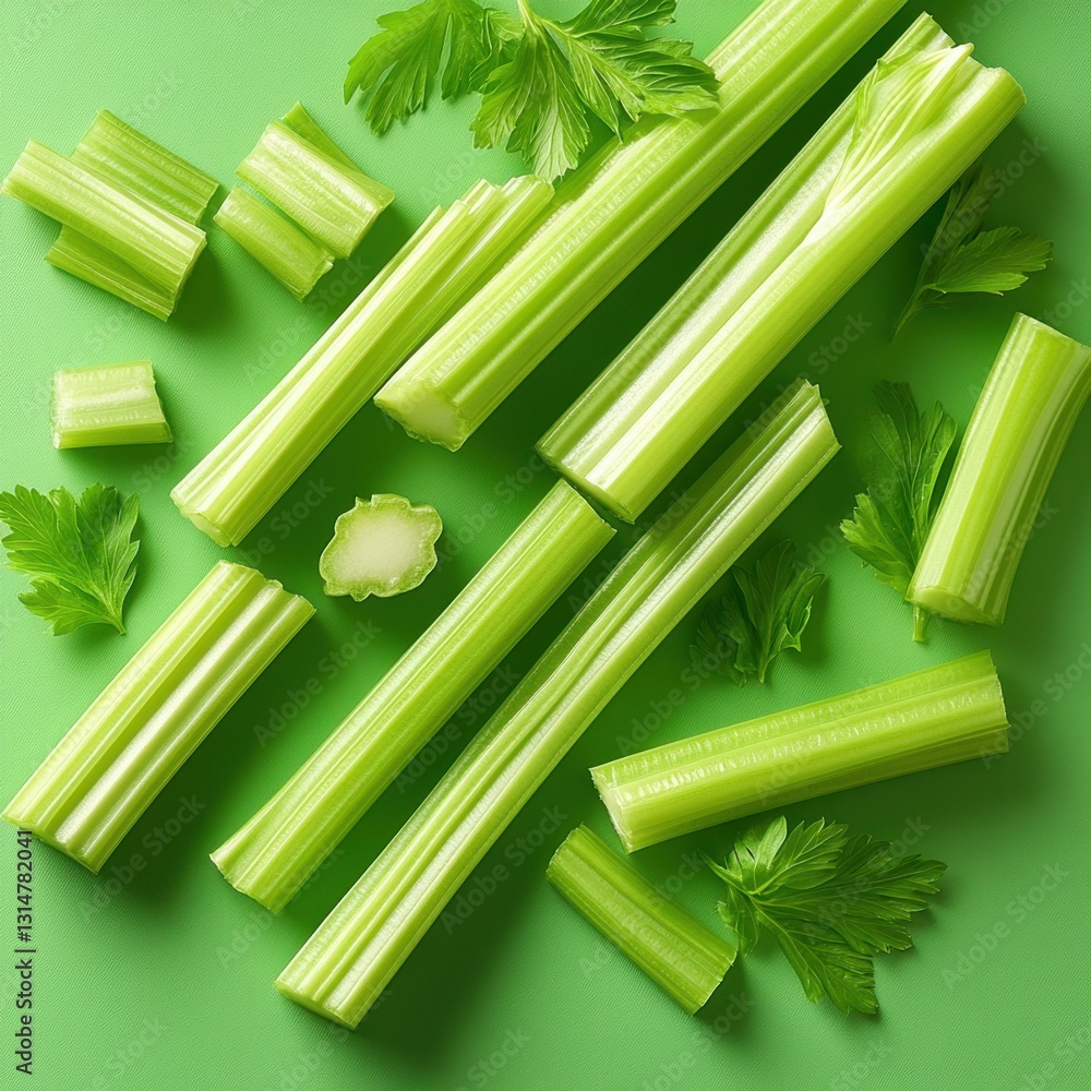 Poster fresh green celery stalks and leaves arranged on a vibrant green background creating a healthy and c