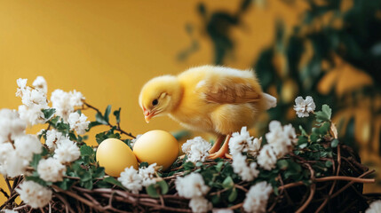 easter yellow chicken with eggs in nest with flowers  