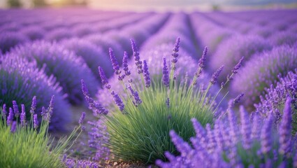 Obraz premium Lavender field in bloom. Close-up of lavender sprigs with a blurred background. Culture of essential oil. Concept of aromatherapy. Lavender oil. Cosmetology.