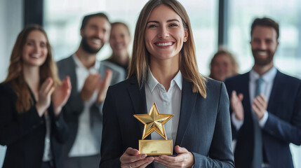 professional businesswoman in elegant suit proudly holds star award