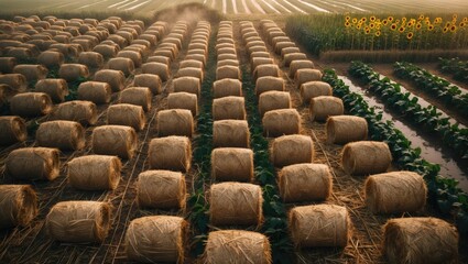 Obraz premium Aerial photography of fields filled with straw bales during harvest. Sunflowers, corn, and soybeans.