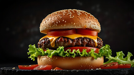 Hamburger with cheese on black wooden table with dark blurred background.