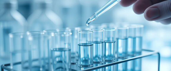 Concept of chemical, scientific experiment, monkeypox virus. Closeup, copy space on right. Chemistry experiments in science labs. Drop chemical matter into test tube place on desk.