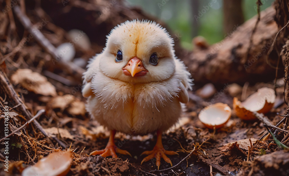 Poster baby chick is standing in the dirt with a broken eggshell nearby. the chick is looking up at the cam