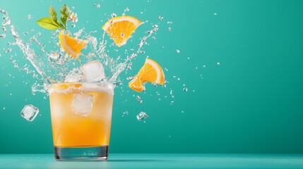 Refreshing Citrus Drink Splash with Ice Cubes and Mint Leaves