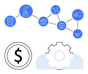 Obraz premium Chain of supply icons including factory, airplane, warehouse, truck, cart, and dollar sign with gear symbol. Ideal for logistics, manufacturing, economy production cycle trade planning flat