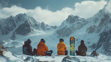 Snowboarders rest on a snow covered slope, appreciating the breathtaking view of the majestic mountains under a clear blue sky. Their colorful attire contrasts with the white landscape.