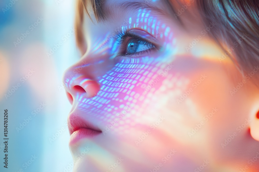 Poster a child's profile, overlaid with a digital binary code, evokes a futuristic concept of technology an