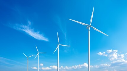 Bright Wind Turbines Under Clear Blue Sky With Clouds