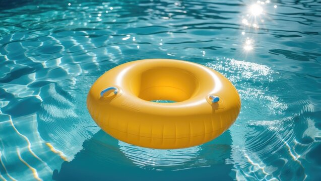 Bright orange float in a blue swimming pool, ring drifting in a refreshing blue pool with wave reflections. Vacation background, lifesaver for kids. Sunny day at the pool.