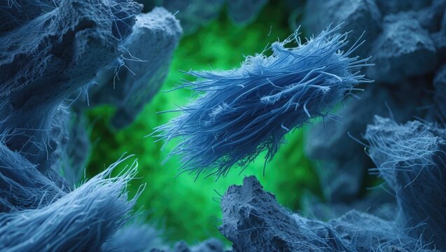 Crocidolite fibers, a blue asbestos variant, observed on a green fluorescent screen of a transmission electron microscope at 20,000 times magnification, standard sample from an environmental labora...