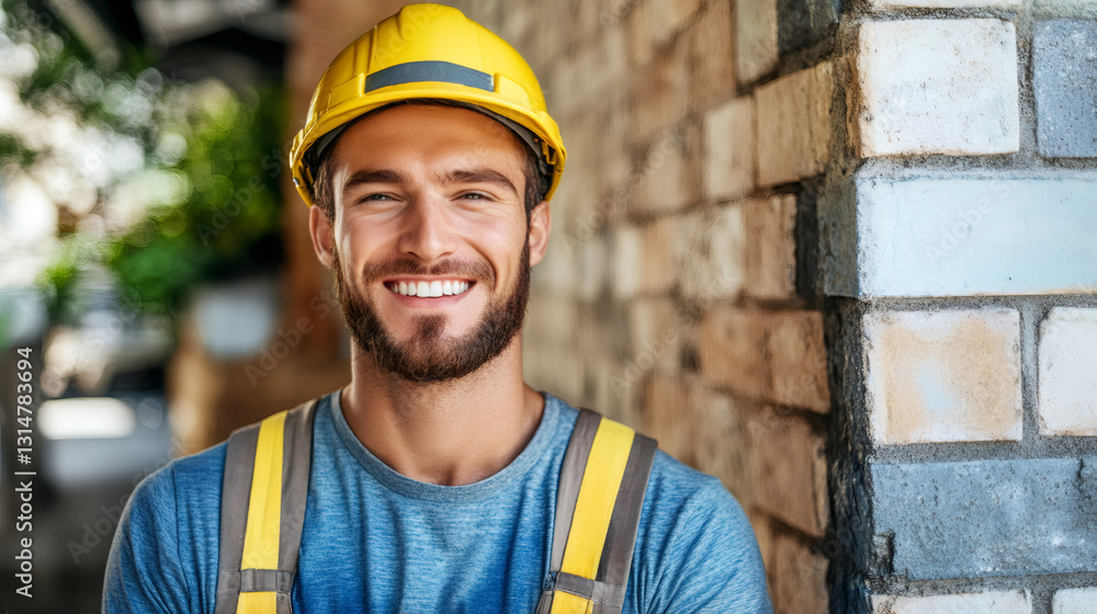 Poster smiling construction worker in hardhat and overalls leaning against weathered brick wall background
