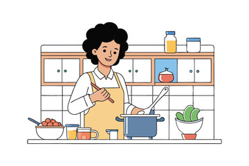 A vector art illustration of a woman cooking in the kitchen.eps