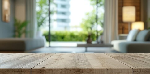 An empty wooden table in front of a blurred modern living room with natural light, offering space for product placement. Ideal for interior design, home decor, and lifestyle branding