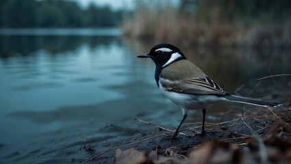 Obraz premium A pied wagtail near a lake.