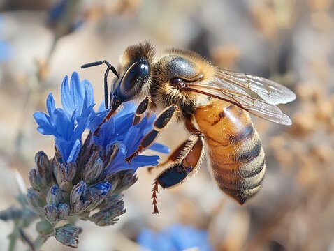 A honeybee collecting nectar on a blue flower. The blurred background of dry wild grass and scattered flowers. The image captures the essential role of bees in pollination and biodiversity.
