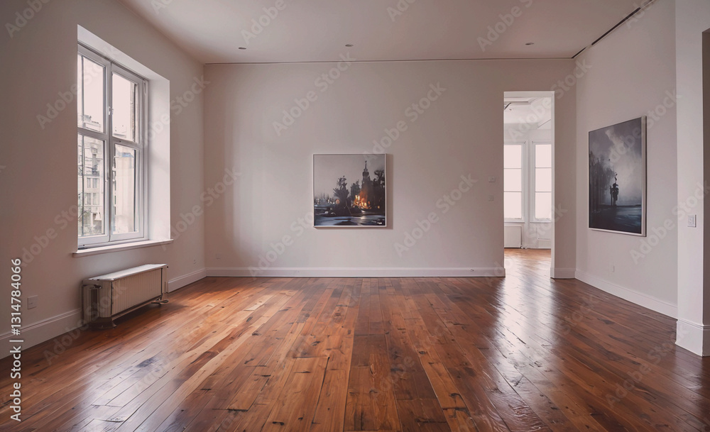 Poster large empty room with a white wall and a picture hanging on it. the room is bare and empty, with no 