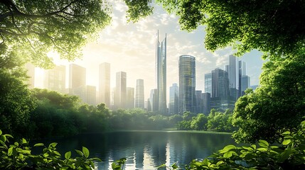 Urban Oasis: City Skyline Reflected in Serene Lake