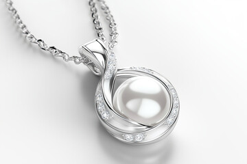 Radiant Silver Necklace with Pearl Medallion, Elegant Jewelry on Gray for Decor, White Gold, Jewelry, Isolated