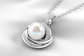 Radiant Silver Necklace with Pearl Medallion, Elegant Jewelry on Gray for Decor, White Gold, Jewelry, Isolated