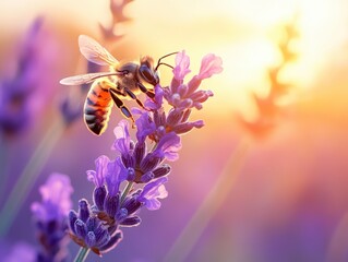 A honeybee collecting nectar on blooming lavender flowers at sunset. Dreamy summer mood. The image captures the essential role of bees in pollination and biodiversity.