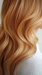 Naklejka premium Close Up Captivating Golden Blonde Hair with Gentle Waves and Soft Texture in a Beauty Salon Setting
