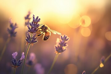 A honeybee collecting nectar on blooming lavender flowers at sunset. Dreamy summer mood. The image captures the essential role of bees in pollination and biodiversity.