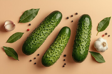 Vibrant Cucumbers, Garlic, Bay Leaves, Pepper on Beige for Culinary Food Photography, Overhead View