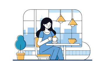 A vector art illustration of a woman sitting at a caf? and drinking a cup of coffee.eps